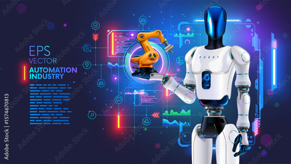 Leinwandbilder ai management work robots on factory. humanoid robot with artificial intelligence or ai controls rob