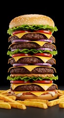 Delicious burger with crispy fries on black background, showcasing appetizing fast food in dramatic product photography	
