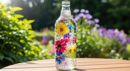 Beautiful Glass Bottle Decoration With Colorful Flowers and Sparkles Outdoors