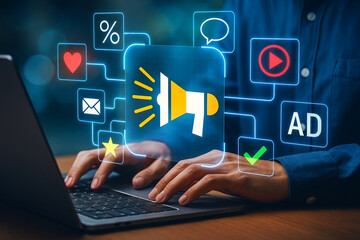 Digital Marketing Campaign Man Using Laptop, Social Media Icons, Advertising Strategy, Online Promotion, Business Technology, Modern, Futuristic, Blue Tone.