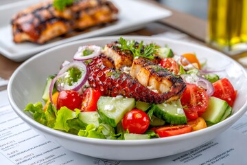 Grilled octopus salad with tomatoes, cucumber, red onion and feta cheese