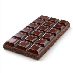 Obraz premium Close up view of a dark chocolate bar with rectangular pieces on white surface