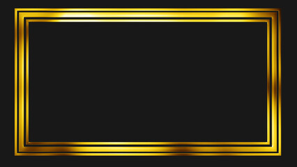 Golden rectangle frame shining with particle dust around it, magic fairy tail. Ornamental jewelery luxury gold elegant looking artistic frame. Royal glittering sparkling promo advertisement.