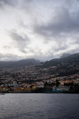 Vertical view of coastal town at dusk