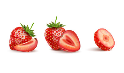 Strawberry fruits set with strawberries of pieces element in the middle on white background. Realistic vector in 3D illustration.