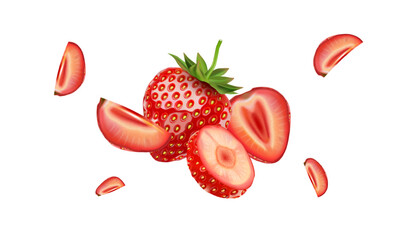 Strawberry fruits set with strawberries of pieces element in the middle on white background. Realistic vector in 3D illustration.