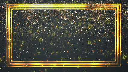 Golden rectangle frame shining with particle dust around it, magic fairy tail. Ornamental jewelery luxury gold elegant looking artistic frame. Royal glittering sparkling promo advertisement.