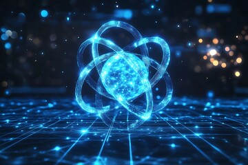 Obraz premium Glowing Blue Atom Surrounded by Orbits on a Circuit Board Background with Bokeh Effect