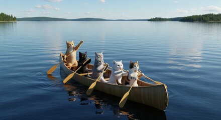 A charming and whimsical illustration featuring a group of cats riding a canoe on a calm river.