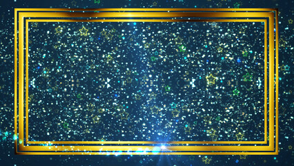 Golden rectangle frame shining with particle dust around it, magic fairy tail. Ornamental jewelery luxury gold elegant looking artistic frame. Royal glittering sparkling promo advertisement.