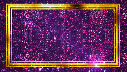 Golden rectangle frame shining with particle dust around it, magic fairy tail. Ornamental jewelery luxury gold elegant looking artistic frame. Royal glittering sparkling promo advertisement.