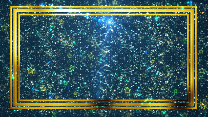 Golden rectangle frame shining with particle dust around it, magic fairy tail. Ornamental jewelery luxury gold elegant looking artistic frame. Royal glittering sparkling promo advertisement.