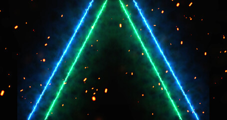 Neon lines moving along with fire dust ember rising from bottom, gate opening 3d simulation like bg. Glowing inspiration gates to freedom and eternal life. Concept for game, sci-fi movies, tv.