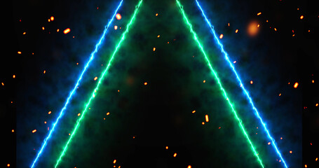 Neon lines moving along with fire dust ember rising from bottom, gate opening 3d simulation like bg. Glowing inspiration gates to freedom and eternal life. Concept for game, sci-fi movies, tv.