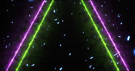 Neon lines moving along with fire dust ember rising from bottom, gate opening 3d simulation like bg. Glowing inspiration gates to freedom and eternal life. Concept for game, sci-fi movies, tv.