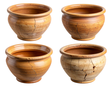 Group of Cracked Terracotta Pots with Visible Fracture Lines, isolated on transparent background