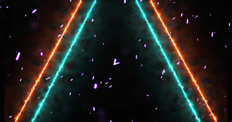 Neon lines moving along with fire dust ember rising from bottom, gate opening 3d simulation like bg. Glowing inspiration gates to freedom and eternal life. Concept for game, sci-fi movies, tv.