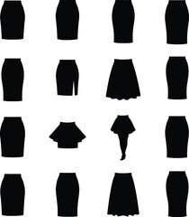 Vector illustration set of women's skirt silhouettes, showcasing diverse styles like pencil, A-line, and flared designs, ideal for fashion, apparel, and wardrobe concepts on white background.