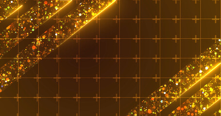 Royal luxurious majestic shiny particles with neon lines moving, award show bg. Golden stage ready for music concert ceremony, horizontal glamour backdrop. Victory winner announcement porduct bg