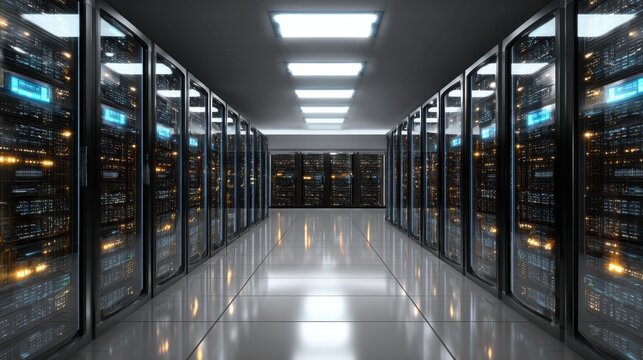 High quality photo of datacenter room interior server server datacenter computer network room interior datum center networking rack hosting cyberspace web framework farm workstation.