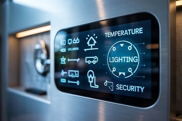 Smart Home Automation Control Panel Displaying Temperature Lighting And Security Features