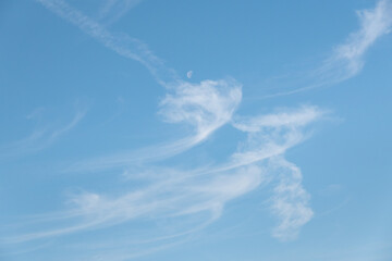 Cirrus uncinus clouds, hooked, wispy, feathery clouds made of long strands of ice crystals, often...