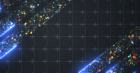 Royal luxurious majestic shiny particles with neon lines moving, award show bg. Golden stage ready for music concert ceremony, horizontal glamour backdrop. Victory winner announcement porduct bg