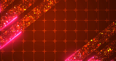 Royal luxurious majestic shiny particles with neon lines moving, award show bg. Golden stage ready for music concert ceremony, horizontal glamour backdrop. Victory winner announcement porduct bg