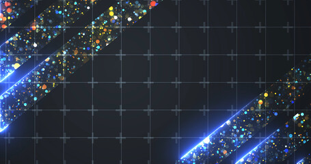 Royal luxurious majestic shiny particles with neon lines moving, award show bg. Golden stage ready for music concert ceremony, horizontal glamour backdrop. Victory winner announcement porduct bg
