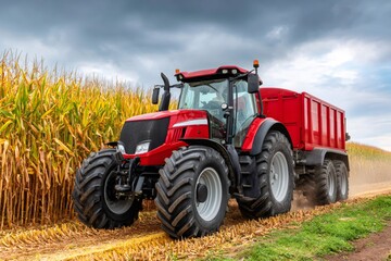 Obraz premium Red tractor harvesting corn in rural field