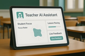 Teacher AI Assistant Interface Showing Student Focus Radar, Lesson Pacing Indicator, and Real-Time Feedback on Tablet
