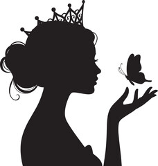 Beautiful Woman Profile Crown Butterfly Princess Queen Vector Silhouette