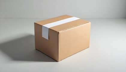A cardboard box with a white stripe on a plain surface