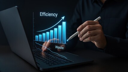 Business hand with stylus interacting with 3d bar chart labeled efficiency and waste on laptop, glowing graphs and data show production planning and control