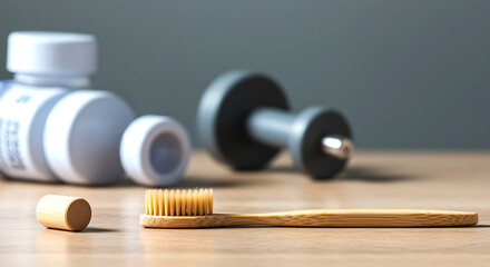 Bamboo toothbrush white bottles and dumbbell health