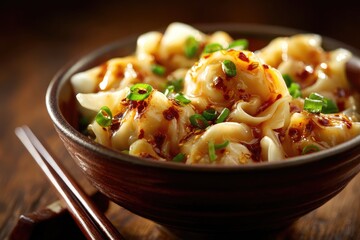 Delicious dumplings topped with a spicy sauce and scallions.