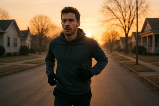 Runner enjoys morning jog through suburban neighborhood at sunrise on a calm winter day