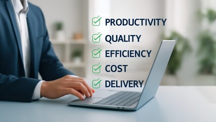 Businessperson types on laptop with icons showing checkmarks for production planning and control in office