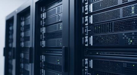 Data Center Server Racks with Green Status Lights