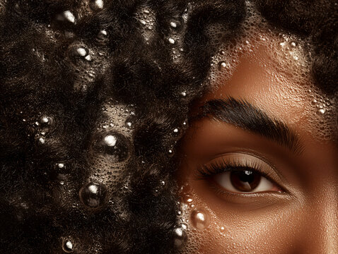 Authentic Black Woman's Hair in Lather, Extreme Close-Up