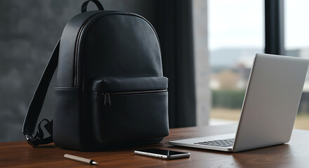 Black leather backpack laptop phone pen silver