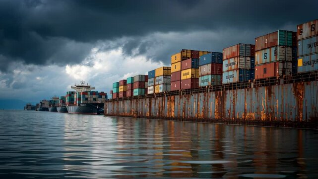 Wall of Shipping Containers Blocking Cargo Ships from a Port