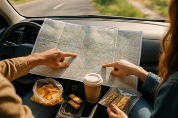 Couple enjoys a road trip with snacks while planning the journey using a map on a sunny day
