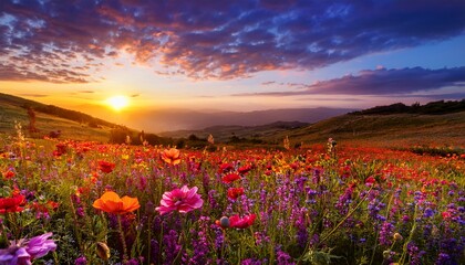 Obraz premium vibrant floral landscape at sunset nature art colorful views