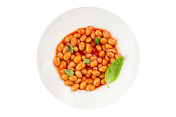 Bean stew tomato sauce cranberry beans vegetable dish beans borlotti fresh delicious gourmet food background on the table rustic food top view copy space keto and paleo diet vegan and vegan food