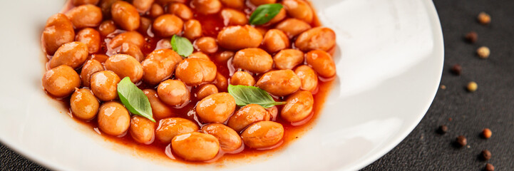 Bean stew tomato sauce cranberry beans vegetable dish beans borlotti fresh delicious gourmet food background on the table rustic food top view copy space keto and paleo diet vegan and vegan food