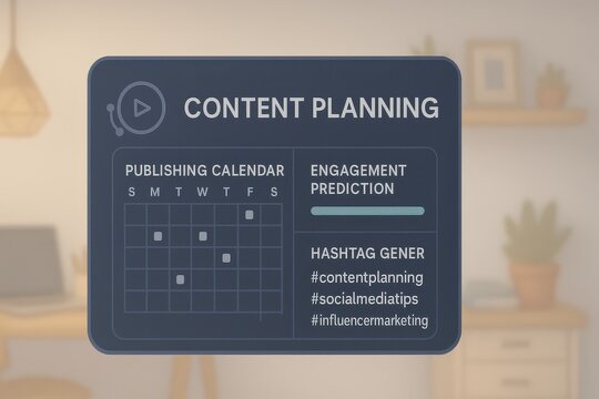 Social Media Content Planner Dashboard Displaying Publishing Calendar, Engagement Prediction, and Hashtag Generator

