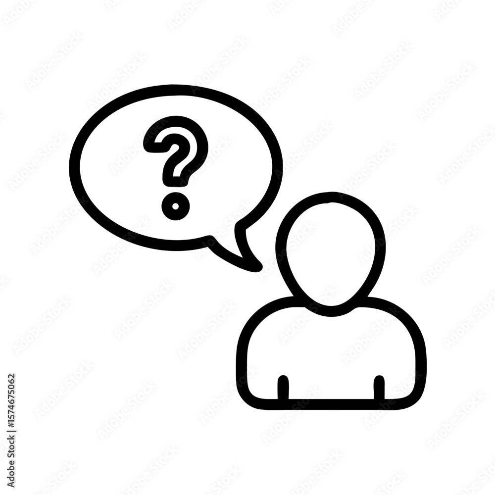 Poster question mark icon in speech bubble above person asking questions and seeking answers icon