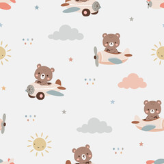 Seamless pattern adventure bear in airplane. Cute kids and baby background. For Baby shower, Greeting card, Clothing kids, Fabric print, Wallpaper, Wrapping paper. Vector illustration