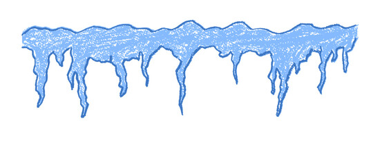 Icicle shelf drawn by children. Blue pastel wax squiggle strokes on a blackboard background mimic charcoal sketch. Simple vector doodle collage elements for school or kindergarten use.
